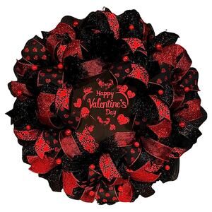 Valentine's Day Wreath Front Door Deco Mesh Red & Black Handmade 22 Inch